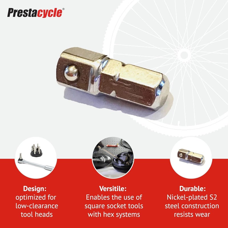 Prestacycle Professional Low-Profile 1/4" Hex to 1/4" Square Socket Adapter – Hardened S2 Steel, Nickel-Plated, Precision Bicycle Tool Accessory Compatible with All Hex Bit Hand Tools - Image 4